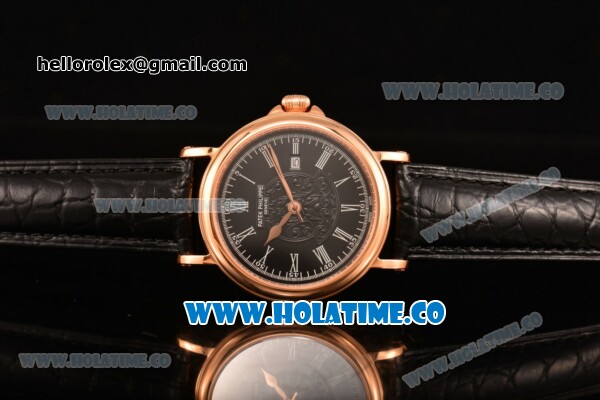 Patek Philippe Calatrava Miyota Quartz Rose Gold Case with Black Dial and Roman Numeral Markers - Click Image to Close